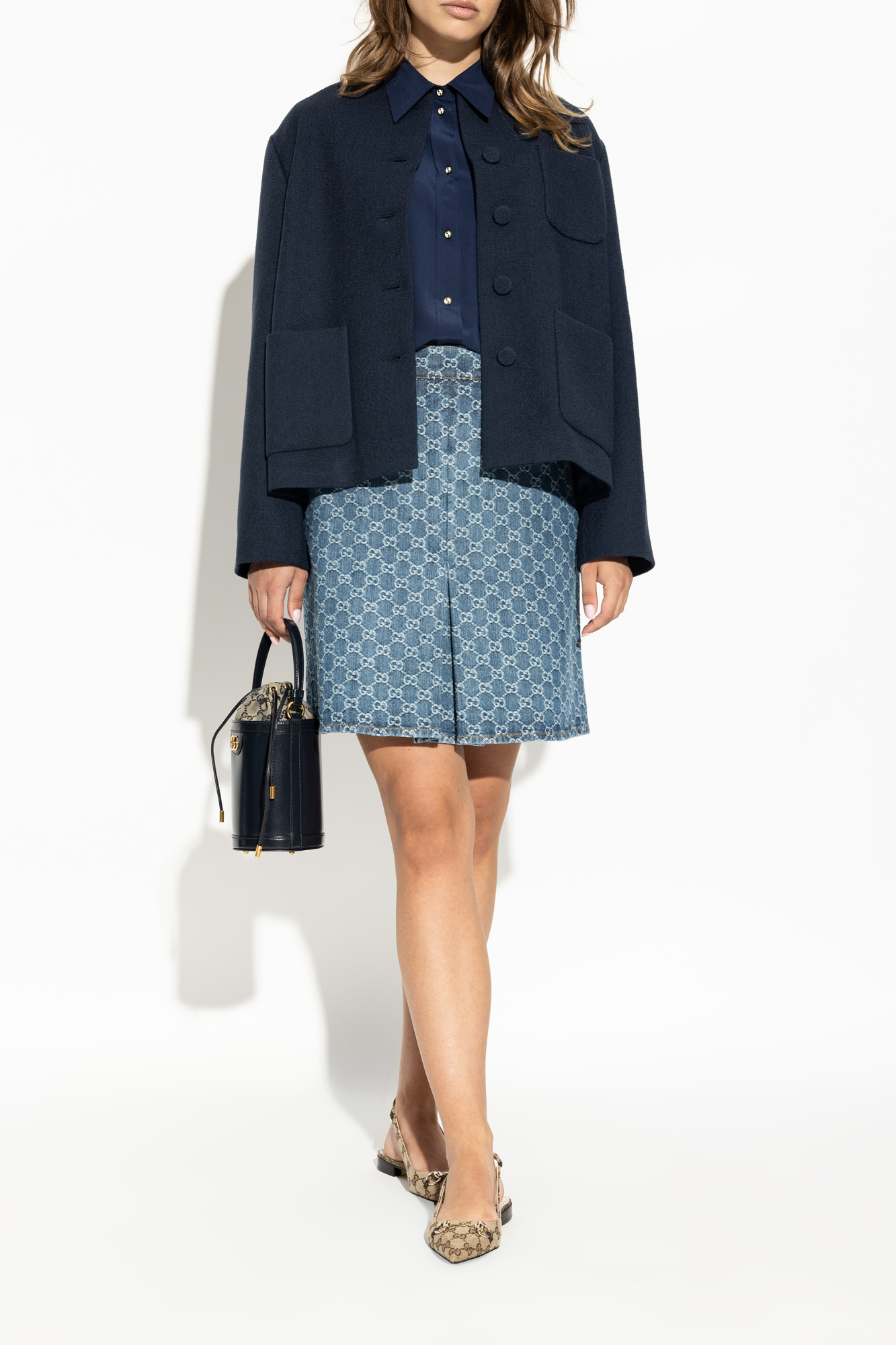 GUCCI ショートポンチョ シルク混 リボンタイ ボタニカル ベージュ 40 GUCCI ショートポンチョ シルク混 リボンタイ ボタニカル